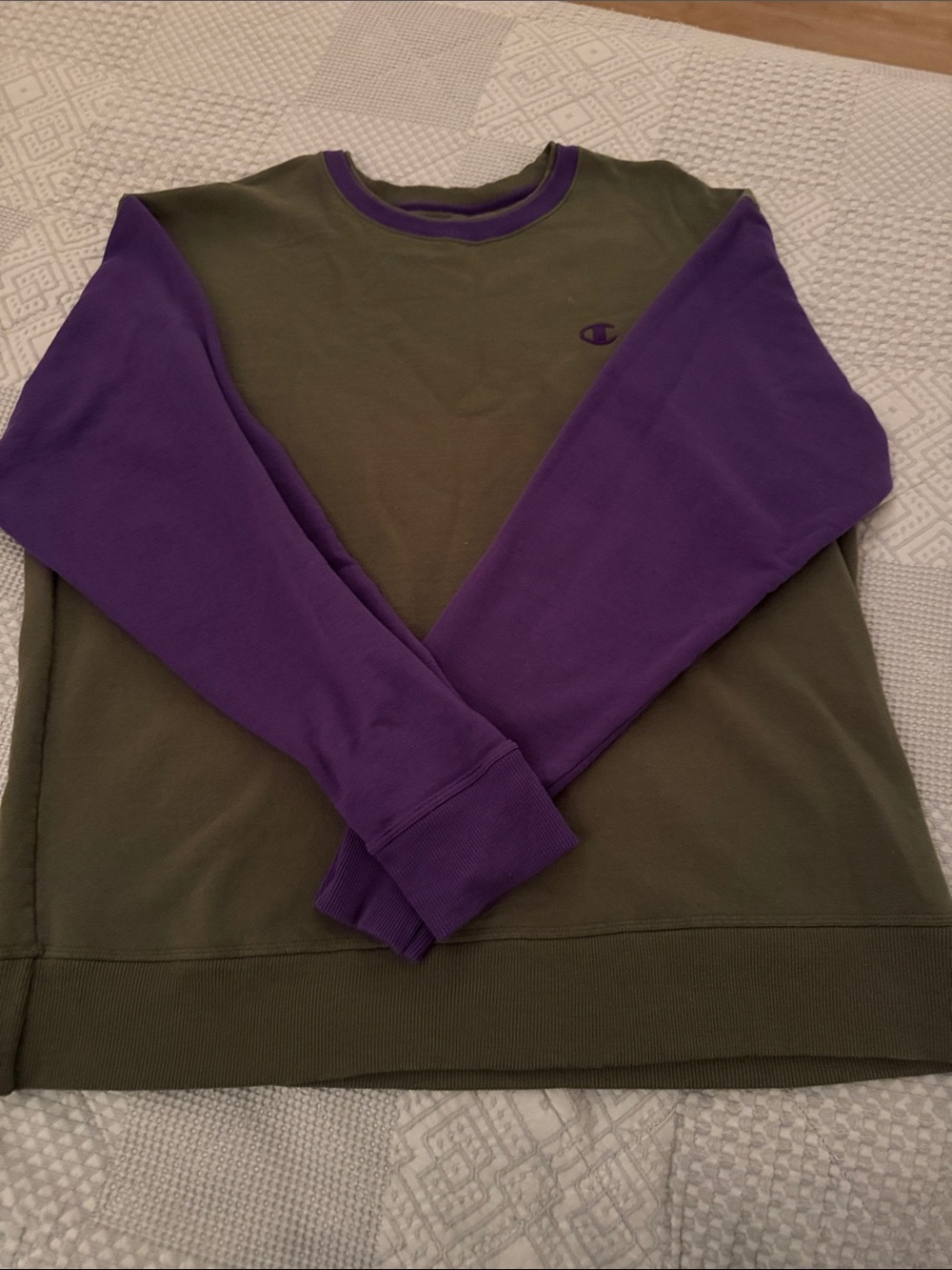 Men’s Champion Olive Body with Purple Sleeve Crewneck Sweatshirt